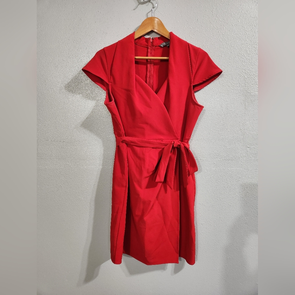 Sharagano Vibrant Red Holiday Belted Wrap Dress Size 12p V Neck